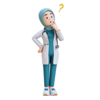 3D render muslim woman medical doctor character in a white lab coat is looking at something and thinking png