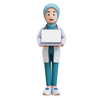 3D render muslim woman medical doctor character in a white lab coat holding a laptop with a white screen png