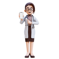 3D render woman doctor character is holding a cell phone and pointing to it png