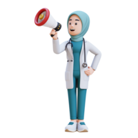 3D render muslim woman medical doctor character in a white lab coat holding a megaphone give speech png