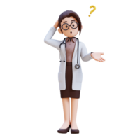 3D render woman doctor character in a white lab coat is standing and confuse with question mark png