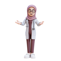 3D render muslim woman doctor character in a white lab coat is giving a presentation png