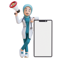 3D render muslim woman medical doctor character in a white lab coat is holding a megaphone lay on phone with blank screen png
