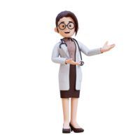 3D render woman doctor character in a white lab coat is presenting to the left png