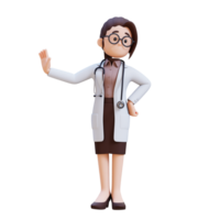 3D render woman doctor character in a white lab coat refusing with stopping gesture png