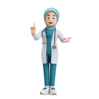 3D render muslim woman medical doctor character is pointing to something with her finger png
