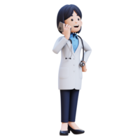 3D Woman Doctor Character in a white lab coat is talking on her cell phone png
