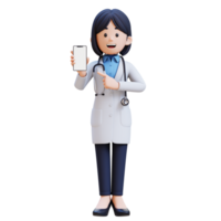 3D Woman Doctor Character in a white lab coat is holding a cell phone and pointing to it png