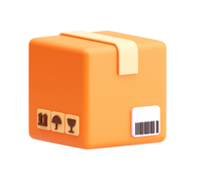3D Parcel Box Icon with Barcode and Handling Symbols on Transparent Background png