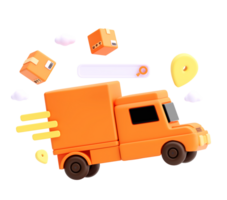 3D Render of Express Delivery Truck with Floating Parcels and Map Pin on Transparent Background png