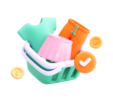 3D Render of Shopping Basket with Clothes, Coins, and Check Mark Icon on Transparent Background png