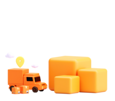 3D Render of Orange Delivery Truck and Boxes with Map Pin and Clouds on Transparent Background png
