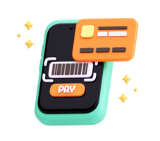 3D Render of Mobile Payment with Smartphone, Credit Card, and Barcode on Transparent Background png