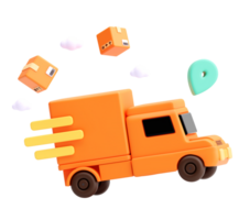 3D Render of Express Delivery Truck with Floating Parcels on Transparent Background png