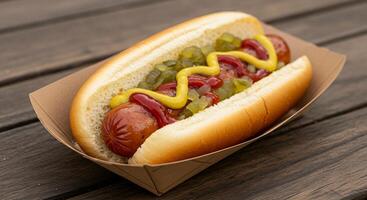 Classic American Hot Dog with Mustard and Ketchup Summer BBQ Style photo