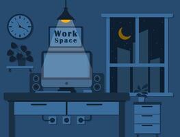 an office with a computer, desk and lamp vector