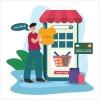 Man applying voucher for a discount on online Store. E commerce flat illustration design vector