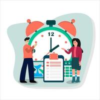 Man and Woman Managing Time with Checklist and Alarm Clock Flat Illustration vector