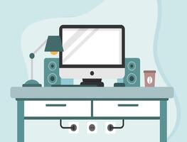 Flat Minimalist Desk Workspace with Computer and Speakers Illustration vector