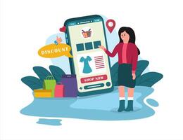 Woman shopping for a discount on online Store. E commerce flat illustration design vector