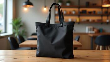 Black Tote Bag Displayed on Wooden Table in a Modern Interior Setting photo
