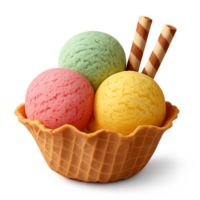 Three scoops of ice cream in waffle bowl with chocolate sticks isolated on transparent background, colorful summer dessert png