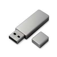 Metallic USB flash drive with cap isolated on transparent background, data storage tech accessory png