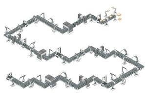 Conveyor belt and robot arms in modern automated production. Assembly process. Illustration vector