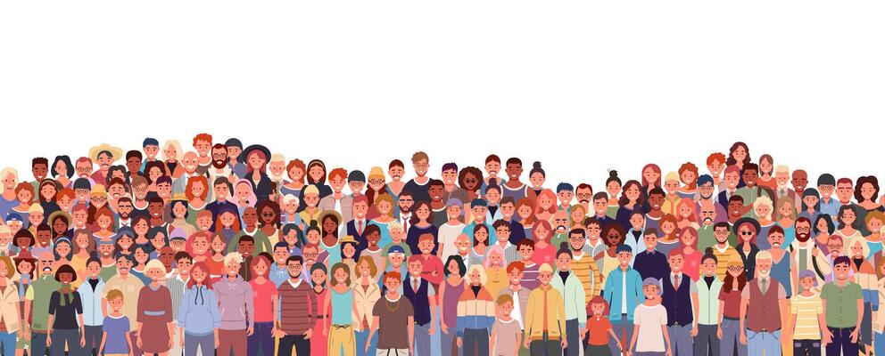 Crowd of multicultural people seamless pattern. Adults, kids, teens, and seniors. Group of men and women of various ages and ethnicities.