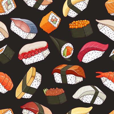 Traditional sushi seamless pattern. Japanese food background design