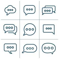 A set of nine clean, modern line art icons depicting various speech bubbles and message notifications. These minimalist, outlined icons offer clarity and scalability, making them ideal vector