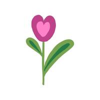 whimsical pink heart flower with long stem and rounded leaves in minimal art, great for kids illustrations and valentine visuals vector