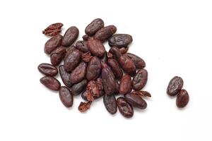 Top view of cocoa, Brown cocoa beans on white background photo