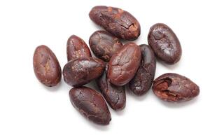 Closeup of cocoa, Brown cocoa beans on white background photo