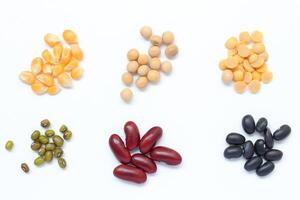 Bean set, various types of beans and beans on white background photo