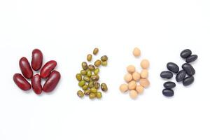 Top view of Red beans black beans soybean with mung bean isolated on white, isolated of Red beans black beans soybeans with mung beans, a variety of beans and beans on a white background photo