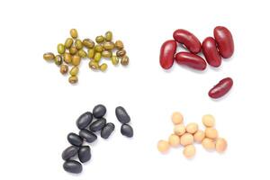 Ingredients bean seeds food, Top view of Red beans black beans soybean with mung bean isolated on white, isolated of Red beans black beans soybeans photo