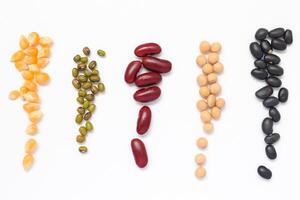 various types of beans on white background photo