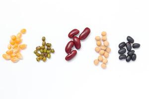 Top view of Red beans black beans soybean with mung bean isolated on white, isolated of Red beans black beans soybeans with mung bean, ingredients on white photo