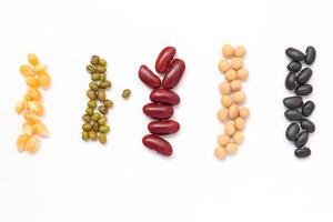 Top view of Red beans black beans soybean with mung bean isolated on white, isolated of Red beans black beans soybeans with mung bean, various types of beans and legumes on a white background photo