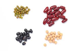 Ingredients food, Top view of Red beans black beans soybean with mung bean isolated on white photo