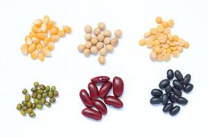 Top view of Red beans black beans soybean with mung bean isolated on white, isolated of Red beans black beans soybeans with mung beans photo