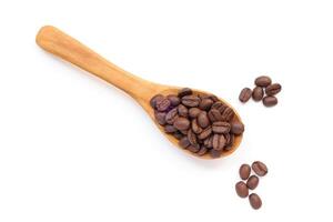 Top view of coffee, Coffee beans in spoon, brown roasted coffee beans in wooden spoon on white background photo
