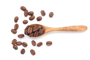 Closeup of coffee beans scattered on a wooden spoon on a white background photo