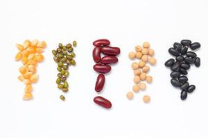 Top view of beans seeds, various types of beans and beans on white background photo
