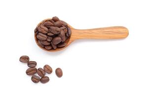 Closeup of Coffee beans in spoon, brown roasted coffee beans in wooden spoon on white background photo