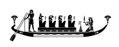 Egyptian hieroglyphs with stories of gods and goddesses. Rituals of passage in the afterlife after the death of the gods and goddesses on boats on the Nile. vector