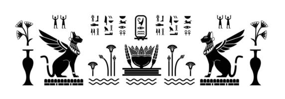 Hieroglyphic silhouette of ancient egyptian god animal like, sphynx cat with wings and soul in tomb of ancient egyptian king vector