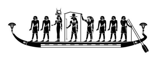 Relief from KV 17, Tomb of Sety I, Egyptian Hieroglyphs with stories of gods and goddesses. Ritual journey of the gods and goddesses on a boat on the Nile. vector