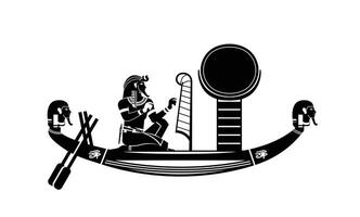 Egyptian hieroglyphs with stories of gods and goddesses Tomb of Seti I. Wide relief painted of a pharaoh on a boat on the Nile. vector